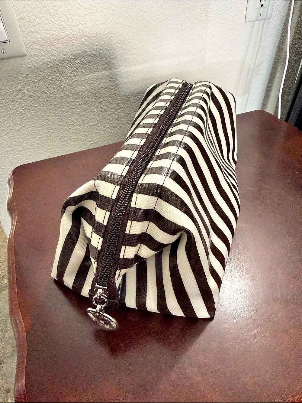 Henri Bendel Signature Brown and White Striped Cosmetic Train Case